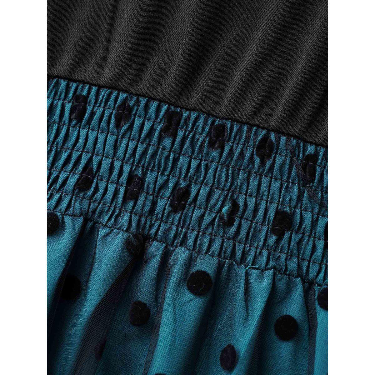 Plus Size Polka Dot Flocking Mesh Patchwork Dress Teal Women Elegant Gathered Round Neck Elbow-length sleeve Curvy BloomChic 18-20/2X Product Image