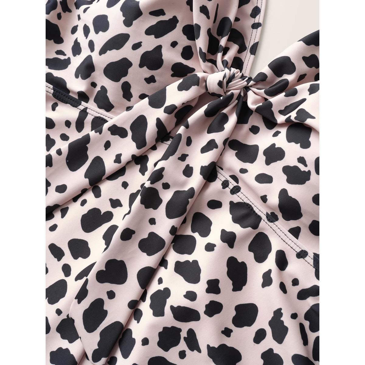 Plus Size Leopard Bowknot Front Waistline Inside Swim Top Women's Swimwear Apricot Beach Non High stretch Bodycon V-neck Curve Swim Tops BloomChic 28/5X Product Image