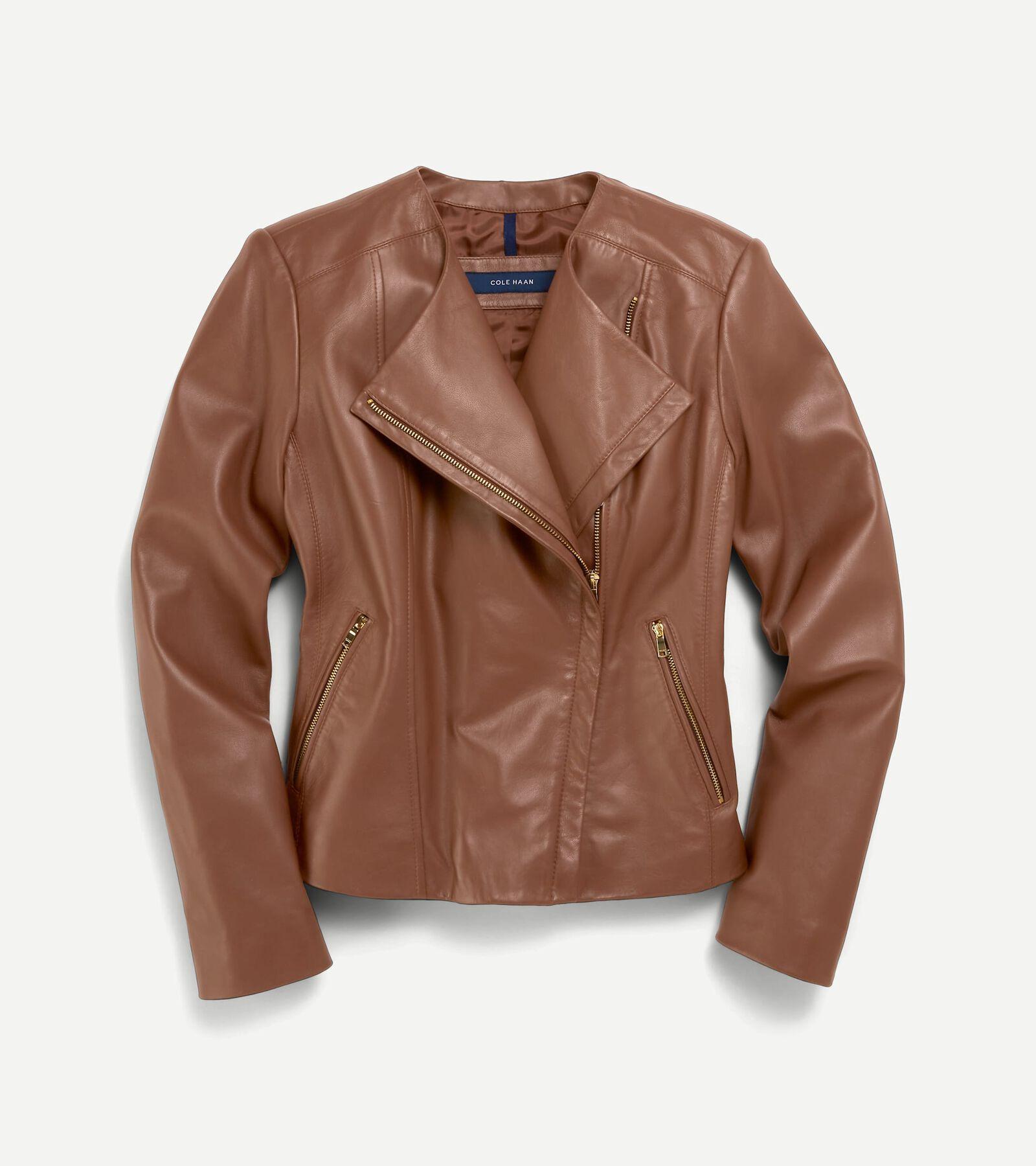 Cole Haan Womens Asymmetrical Leather Jacket - Beige Size Small Product Image