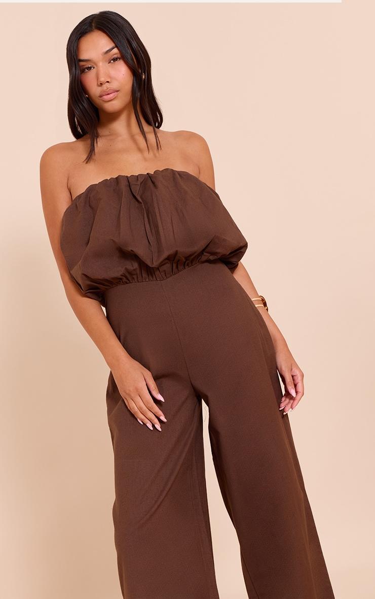  Dark Chocolate Cotton Puffball Bandeau Straight Leg Jumpsuit Product Image