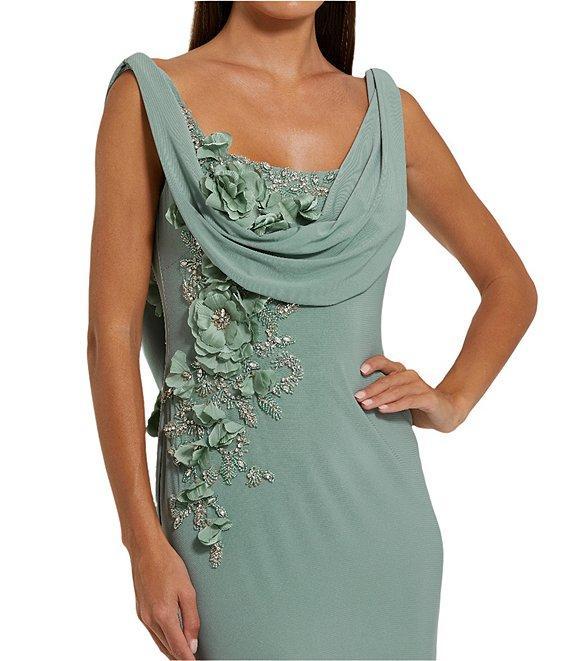 Mac Duggal Drape Neckk 3D Floral Applique Jersey Column Gown Product Image