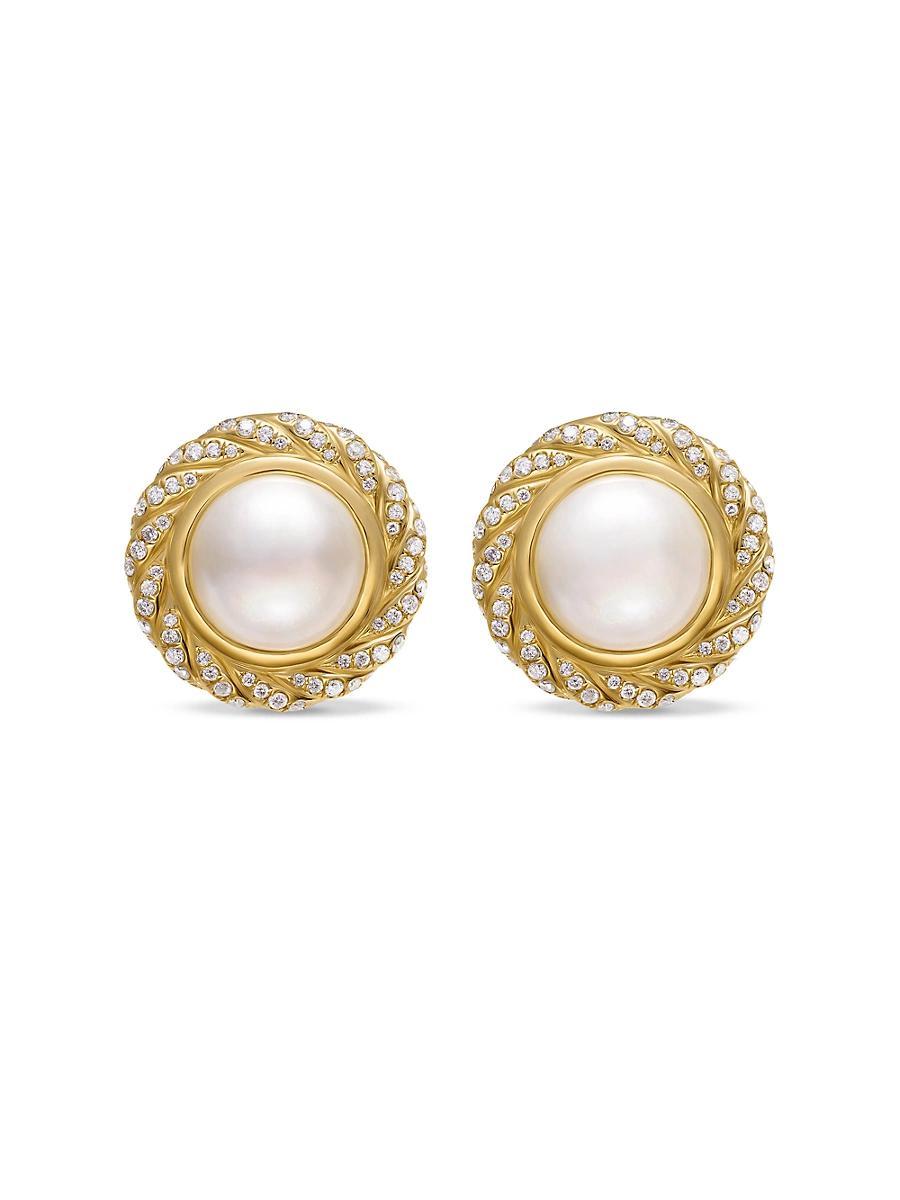 Womens Pearl Classics Cable Halo Button Earrings in 18K Yellow Gold with Diamonds, 18.8MM Product Image