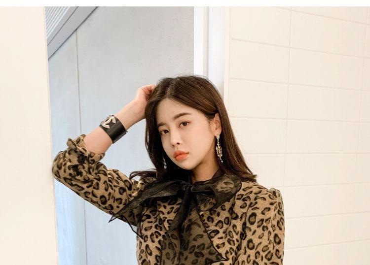 Long-Sleeve Leopard Print Mini A-Line Dress Product Image