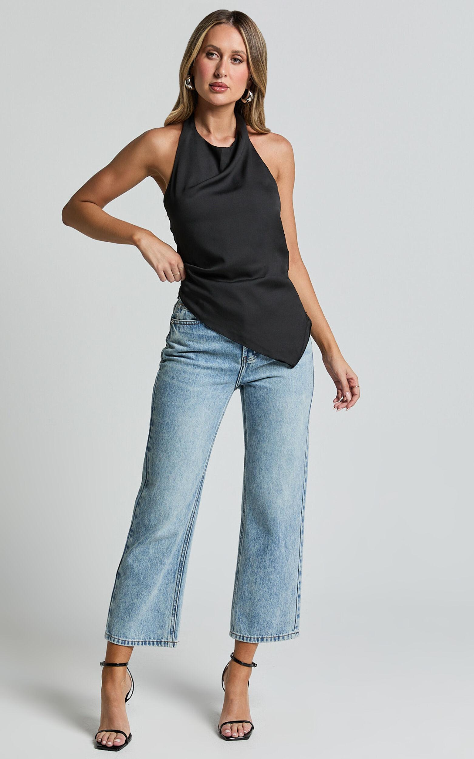 Emily Top - Asymmetric Cowl Halter Top in Black Product Image