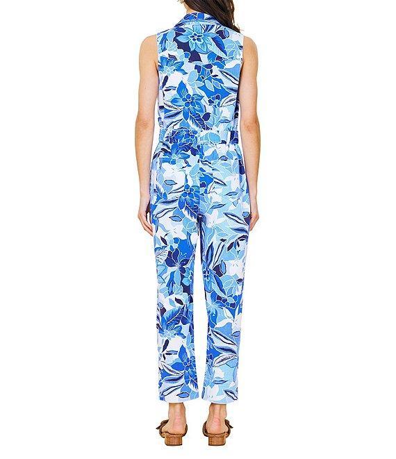 Skies Are Blue Floral Printed Twill Collar V-Neck Sleeveless Zip Front Jumpsuit Product Image