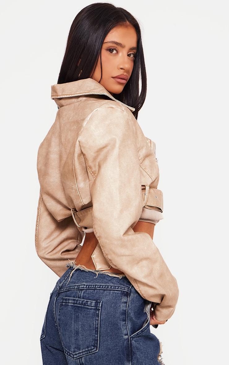 Petite Stone Faux Leather Super Cropped Belted Biker Jacket Product Image