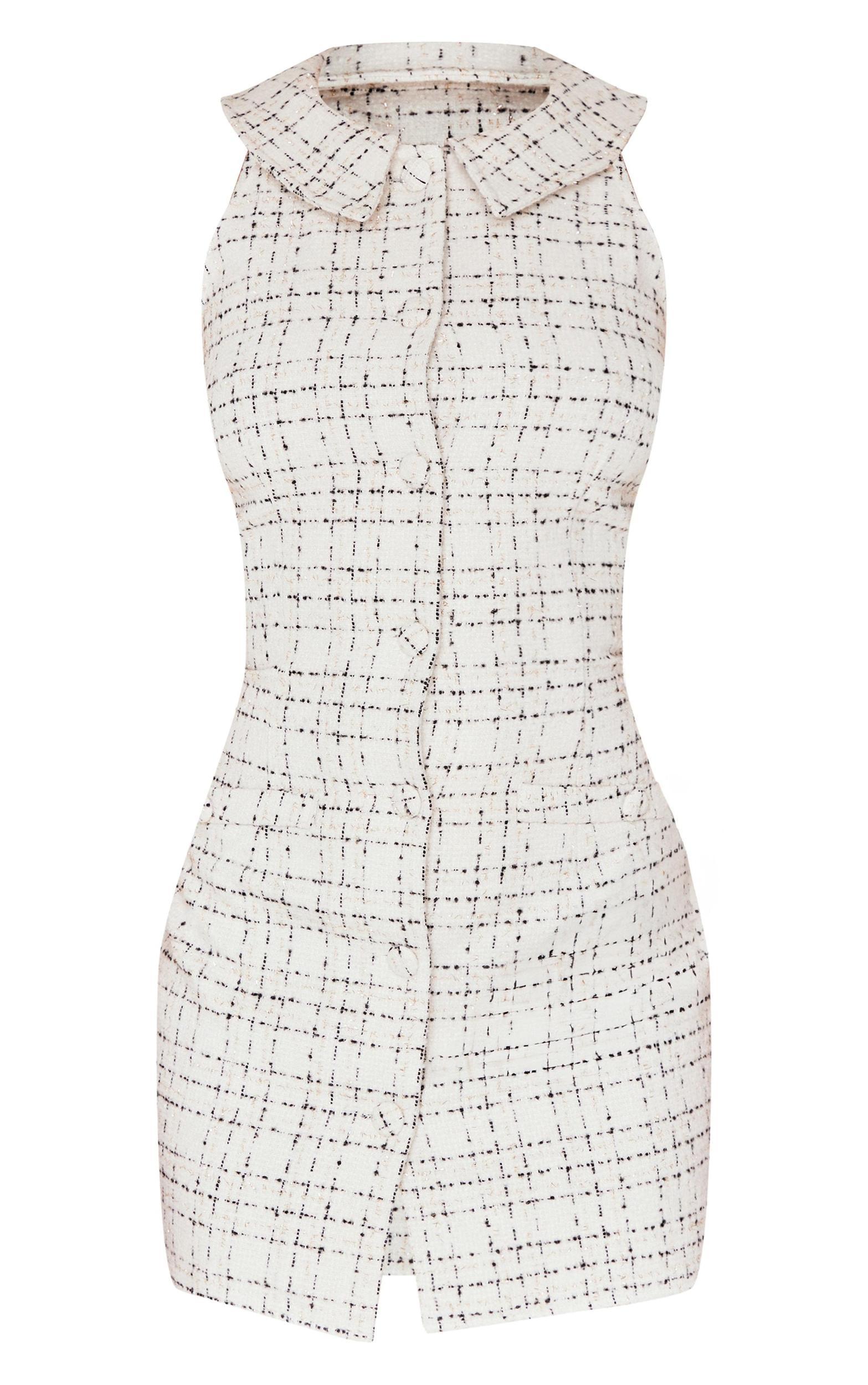 White Boucle Button Up Mini Dress Product Image