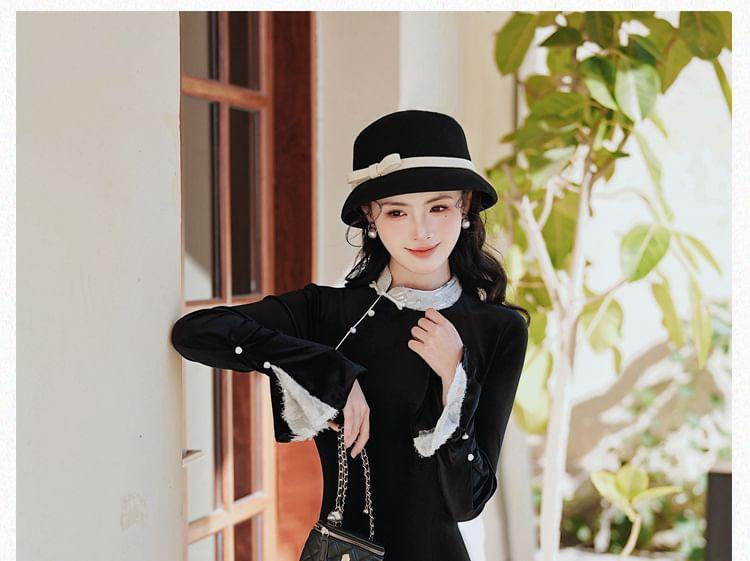 Long Sleeve Stand Collar Plain Lace Trim Midi A-Line Dress Product Image