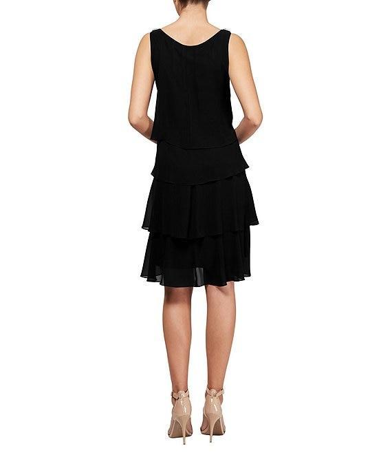 Ignite Evenings Chiffon Tulip Tiered Hem Sleeveless Round Neck Sheath Dress Product Image