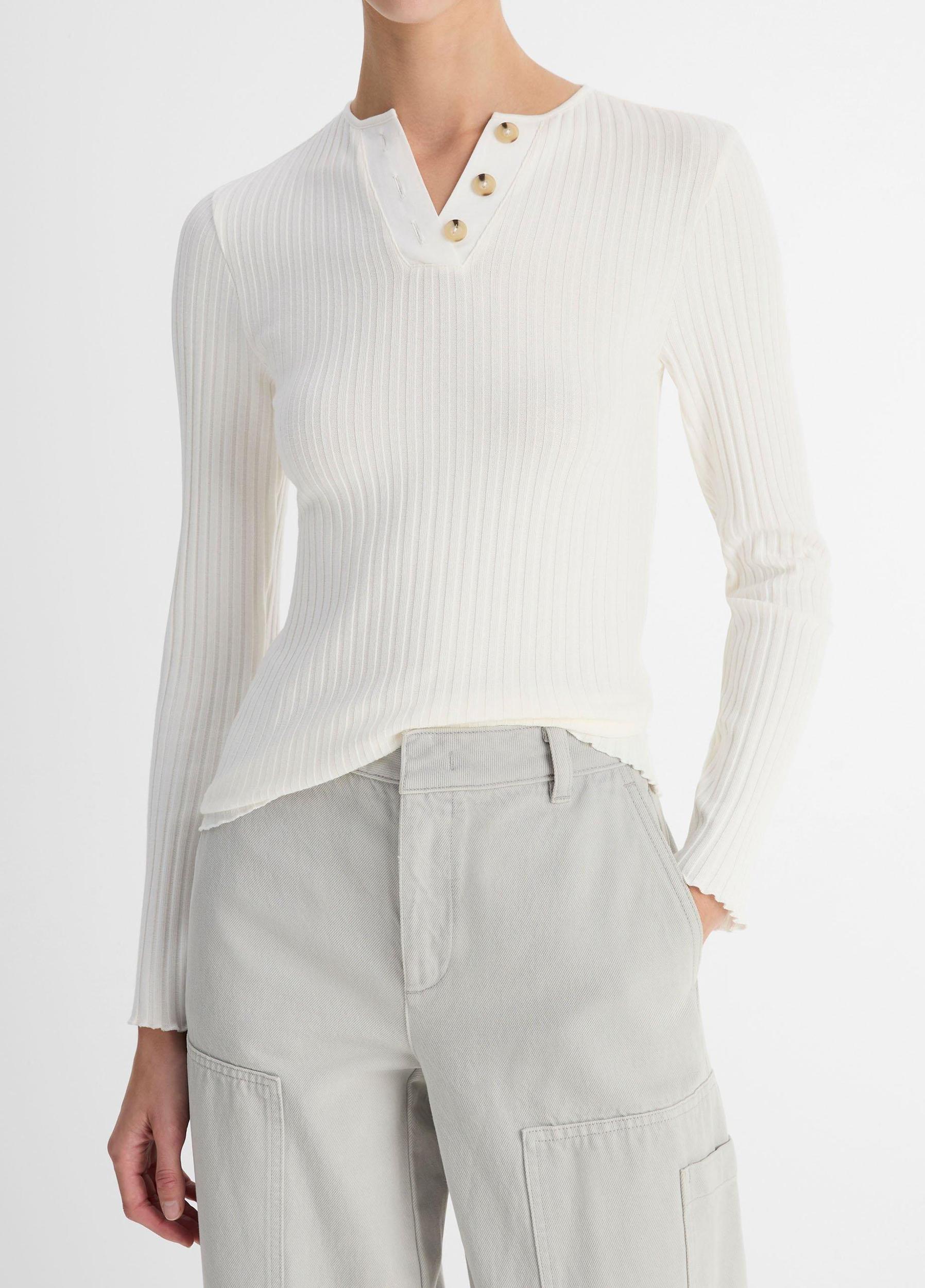 Womens Ribbed Cotton-Blend Henley, Off White, Size XL Vince Product Image