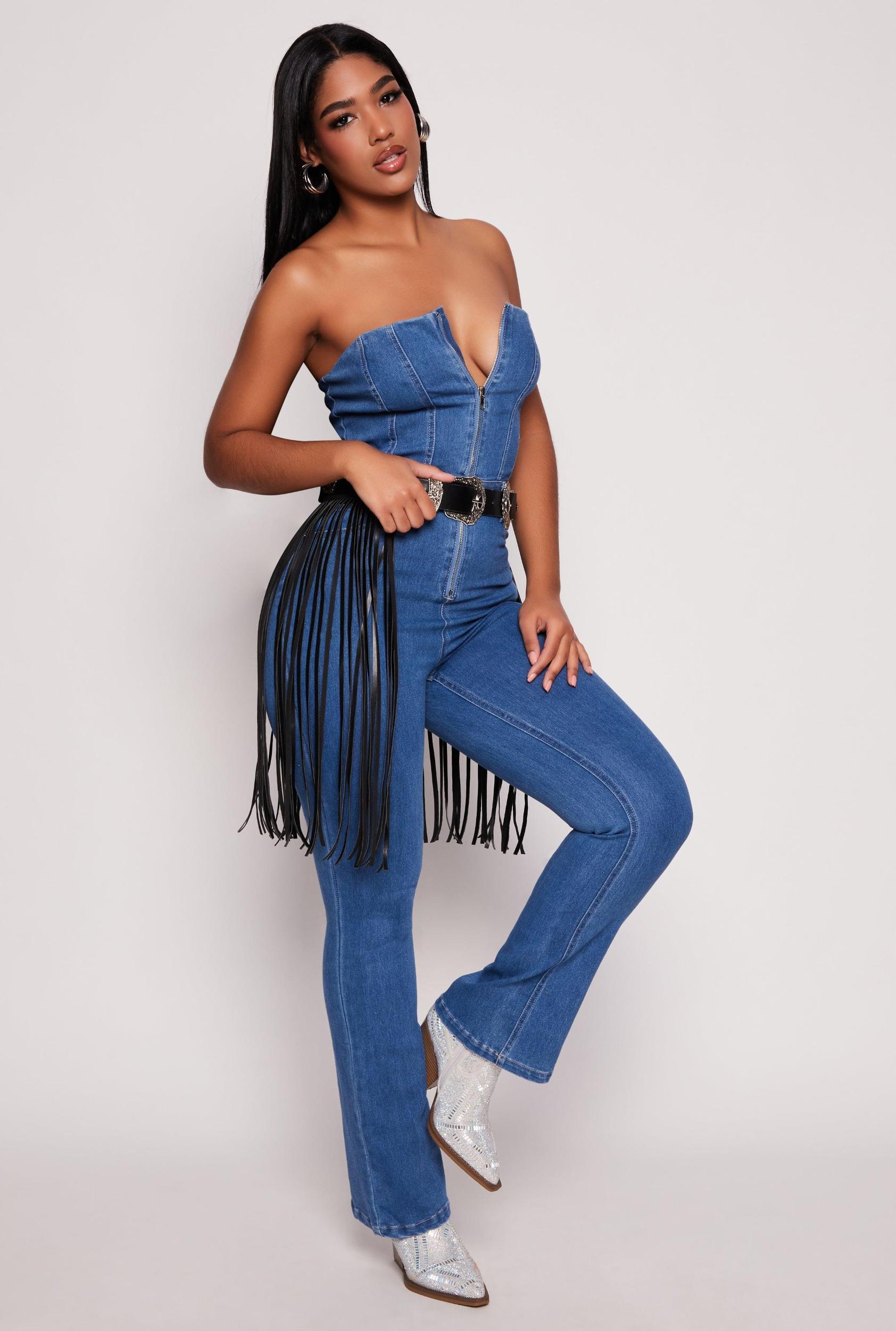 Womens Denim Strapless Zip Front Jumpsuit Product Image