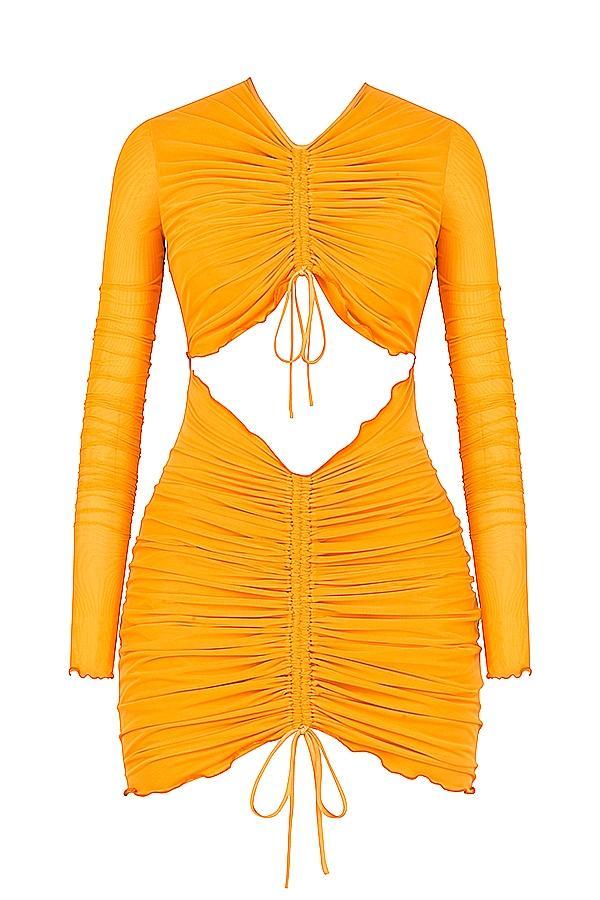 Jeanelle  orange ruched mesh long sleeve cutout mini dress - sale Product Image