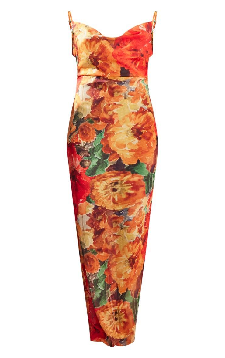 Orange Floral Print Sheer Chiffon Lace Up Back Maxi Dress Product Image