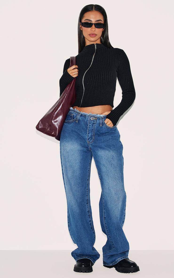 Petite Black Knitted Front Zip Detail Top Product Image