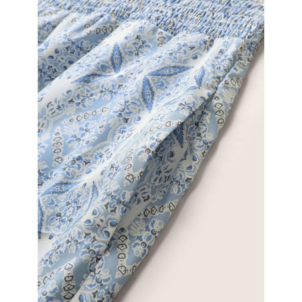 Plus Size LightBlue Halter Boho Print Shirred Gathered Jumpsuit Women Resort Sleeveless Halter neck Vacation Loose Jumpsuits BloomChic 10/M Product Image