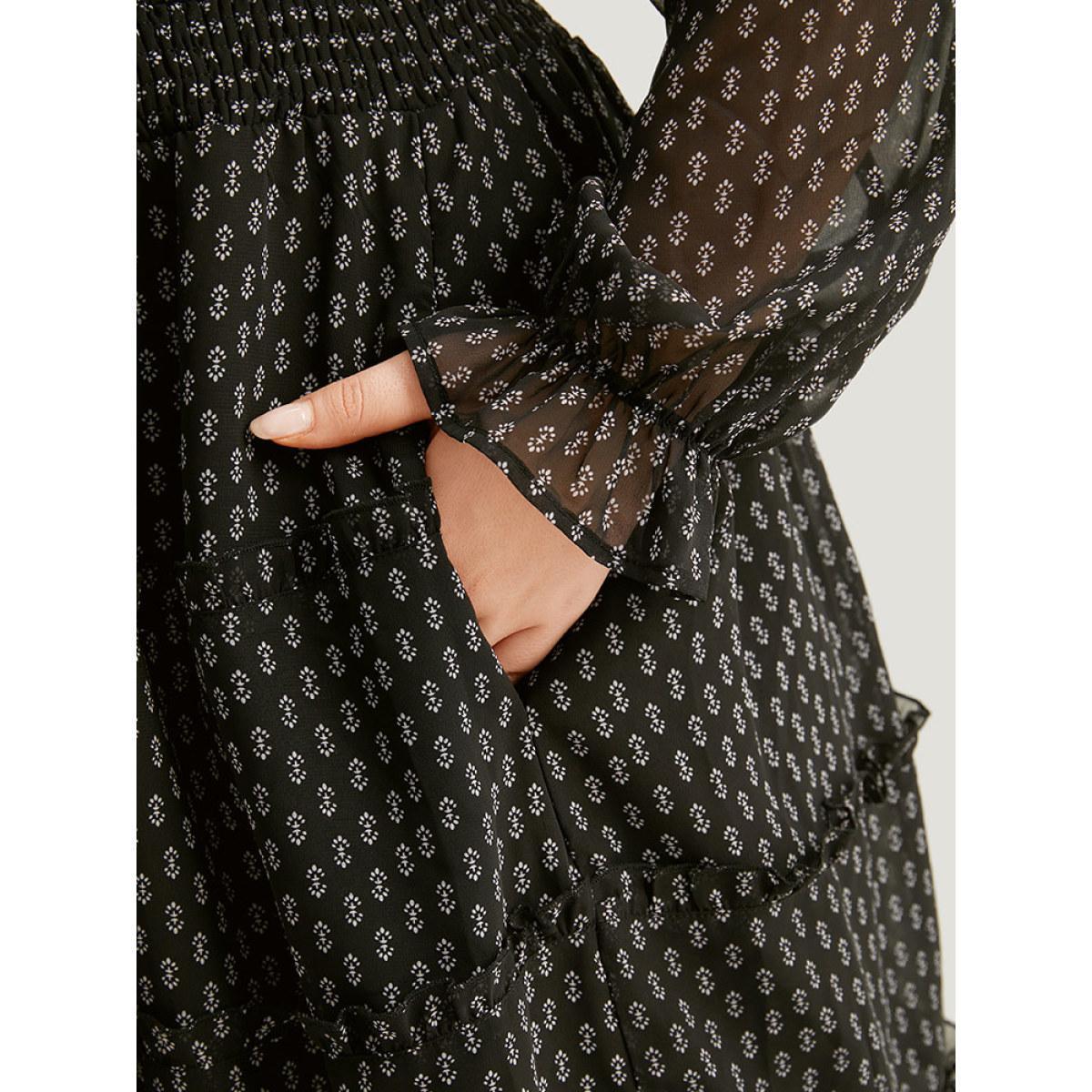 Plus Size Geometric Shirred Mesh Frill Trim Dress BlackFlower Women At the Office See through V-neck Long Sleeve Curvy Midi Dress BloomChic 12/L Product Image