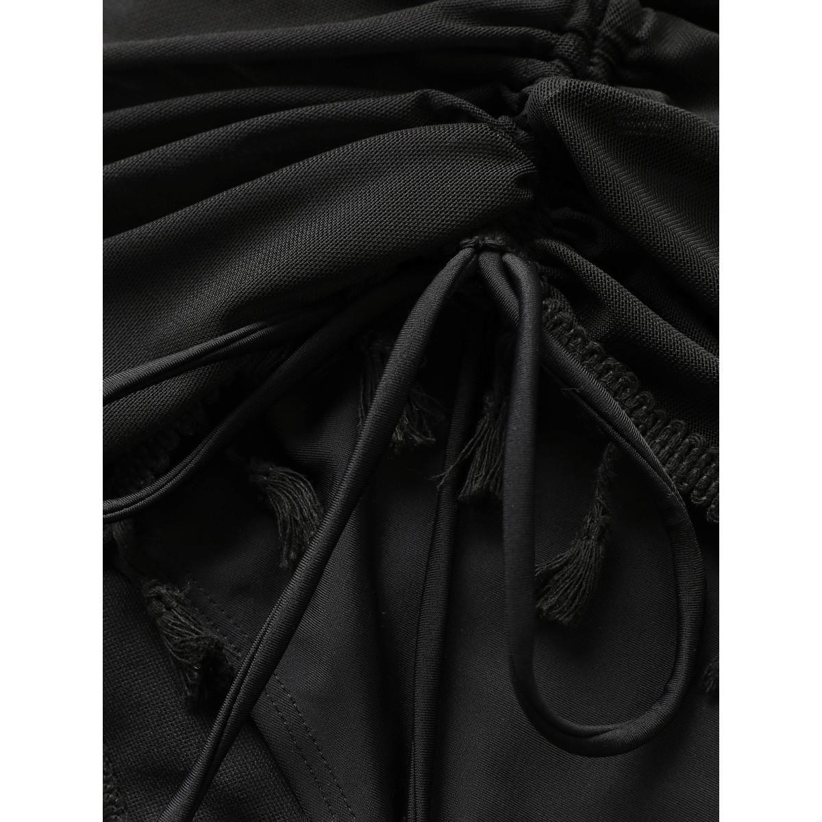 Plus Size Plain Tassel Trim Elastic Waist Swim Bottom Women's Swimwear Black Beach Gathered High stretch Bodycon High Rise Curve Swim Bottoms BloomChic 12/L Product Image