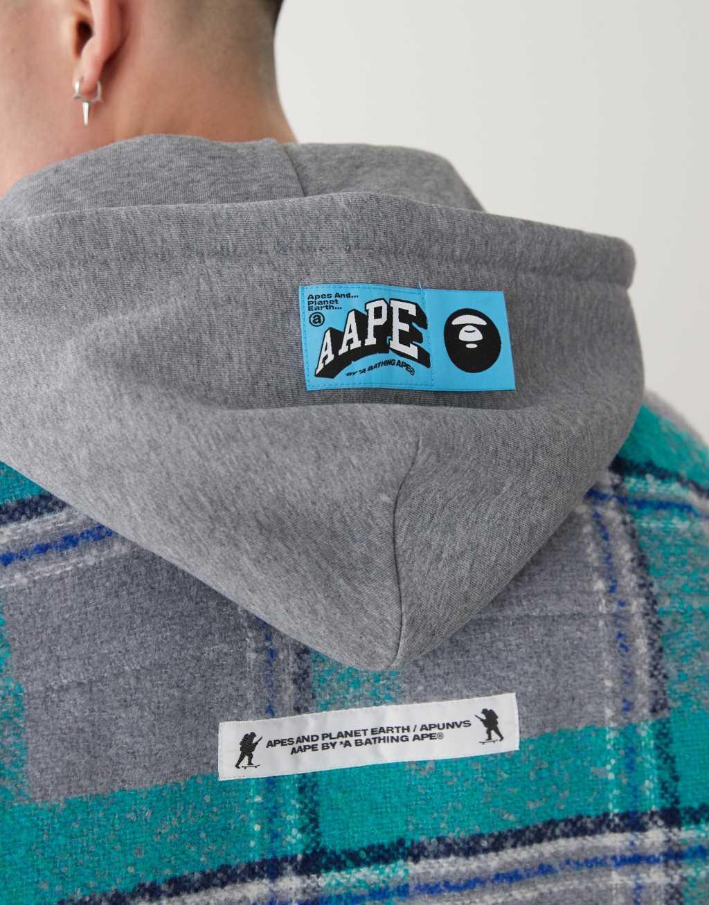 Aape By A Bathing Ape long sleeve hooded shacket in blue and gray check Product Image