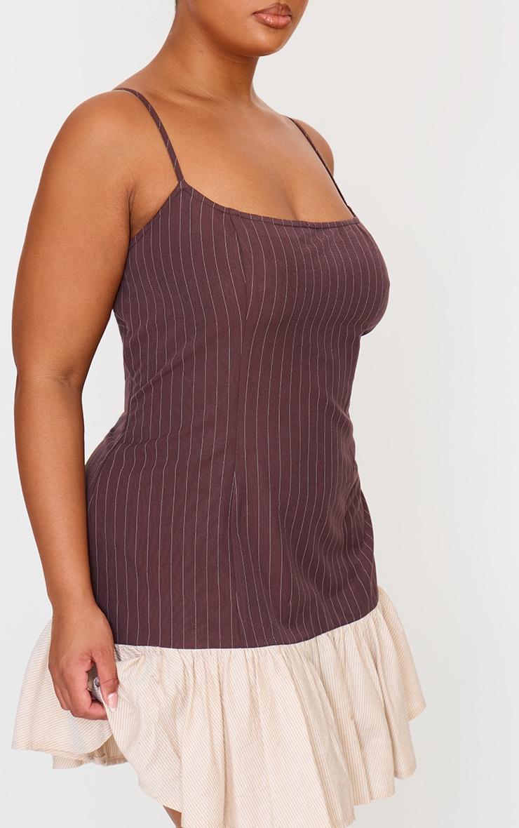 Plus Brown Contrast Pinstripe Frill Hem Shift Dress Product Image
