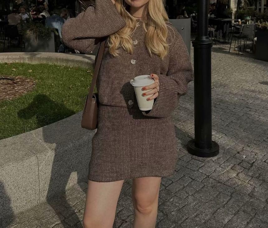 Set: Collared Plain Button Cardigan + High Waist Mini A-Line Skirt Product Image