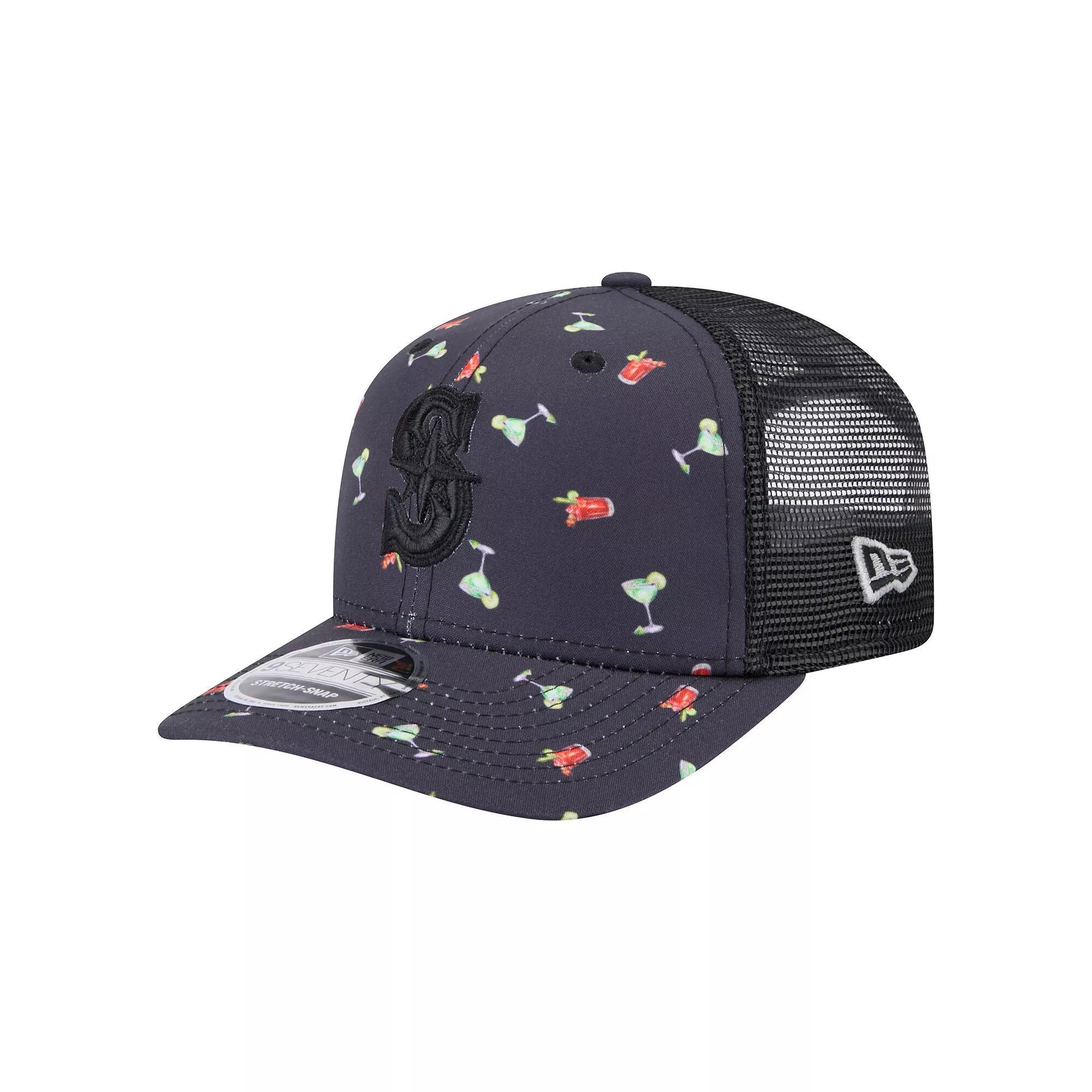 Men's New Era Black Seattle Mariners Adventure Drinks Pattern 9SEVENTY Stretch-Snap Hat Product Image