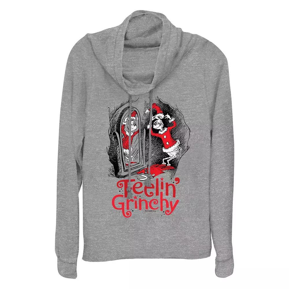 Women's Dr. Seuss Feeling Grinchy Cowlneck Graphic Lightweight Long Sleeve, Size: Small, Gray Grey Product Image