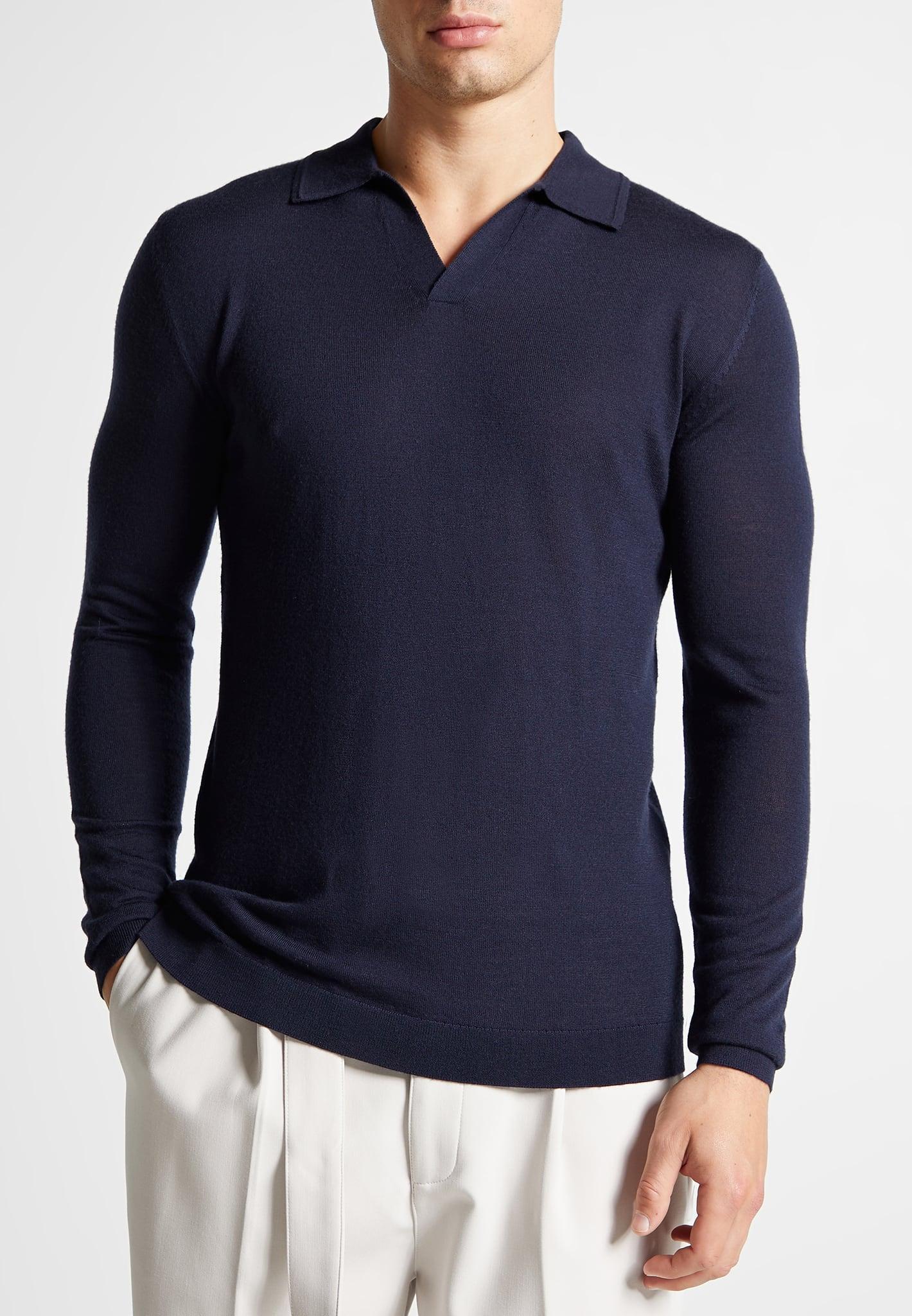 Merino Wool Long Sleeve Revere Polo Shirt - Navy Male Product Image