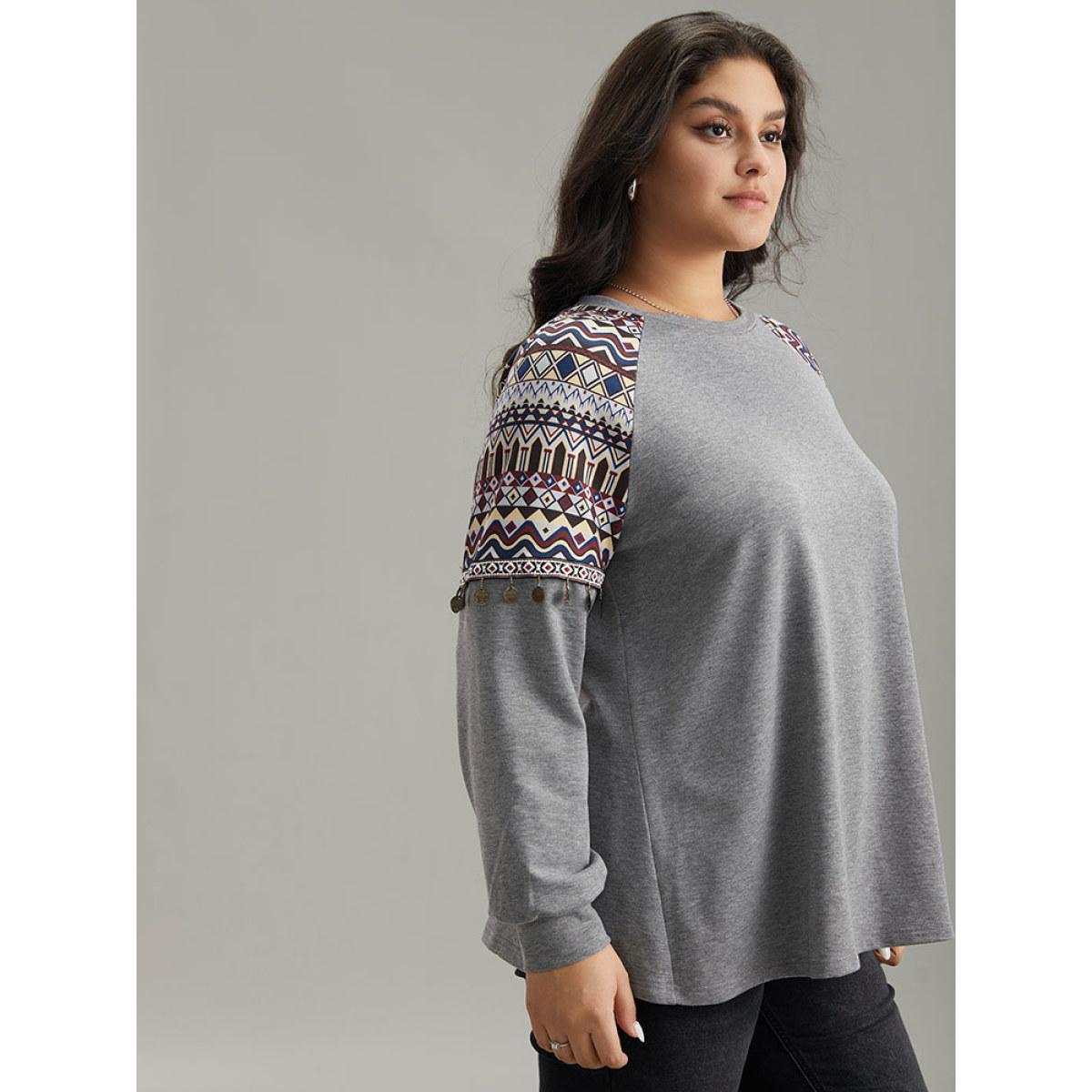 Plus Size Bandana Print Raglan Sleeve Crew Neck Sweatshirt Women Gray Casual Elastic cuffs Round Neck Dailywear Sweatshirts BloomChic 10/M Product Image