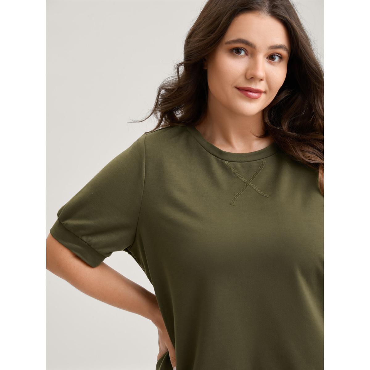 Plus Size Solid Crew Neck Relaxed Sweatshirt Women ArmyGreen Non Round Neck Everyday-Casual Sweatshirts BloomChic 18-20/2X Product Image