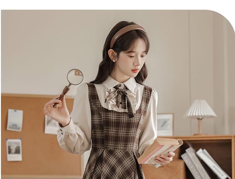 Long Sleeve Collared Plaid Ruffle Mock Two Piece Midi A-Line Dress Product Image