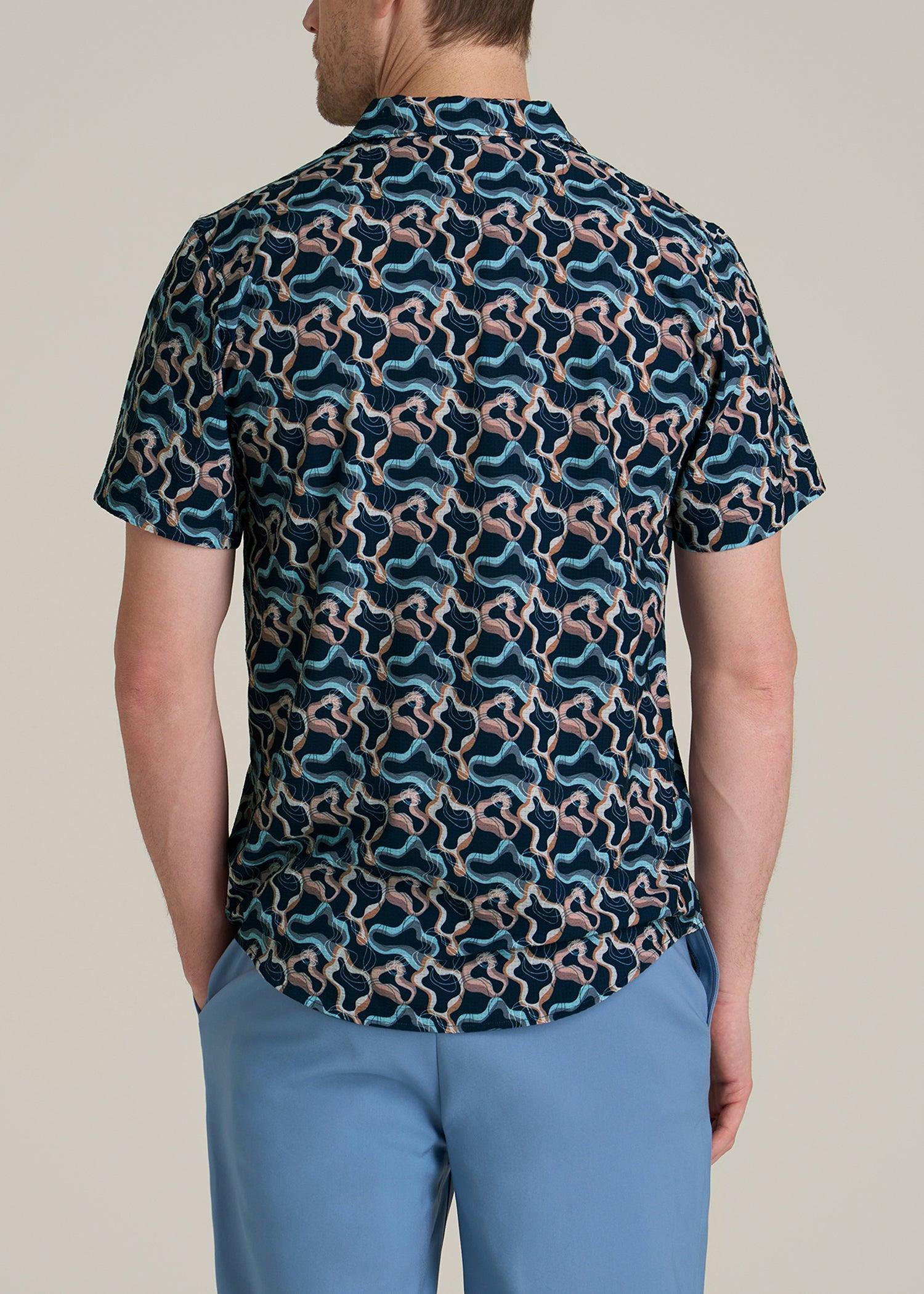 Coastal Perforated Tall Men's Polo Shirt in Blue and Rose Abstract Product Image