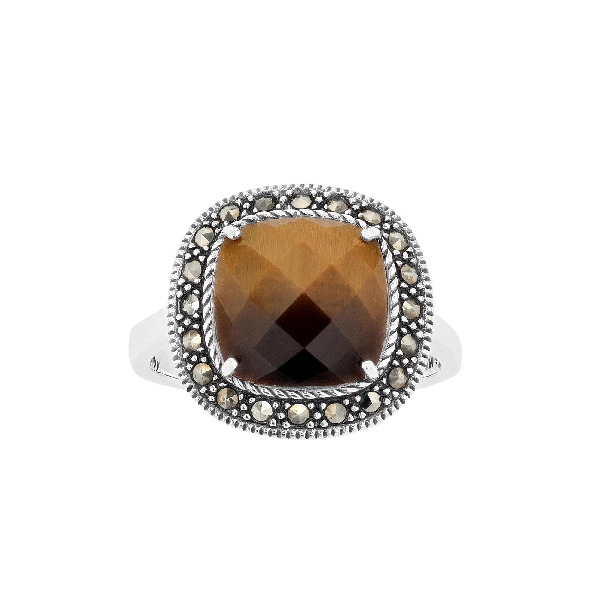 Lavish by TJM Sterling Silver Cushion Tiger's Eye & Marcasite Ring, Women's, Size: 6 Product Image