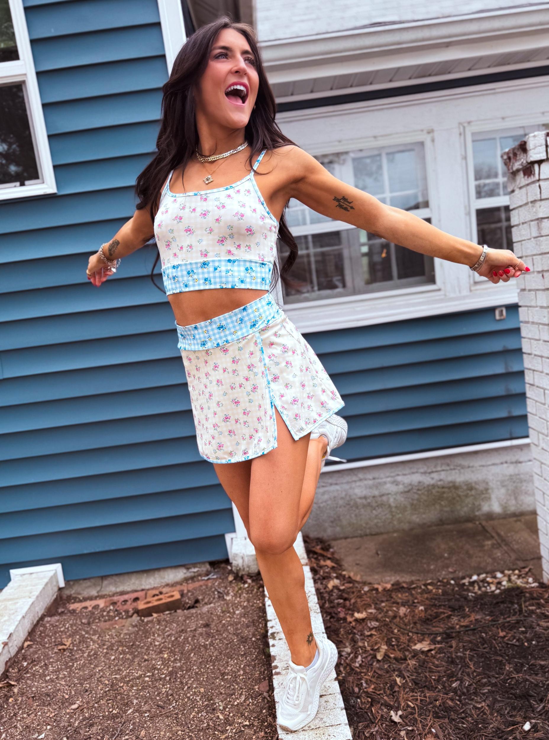 Gingham Floral Print Patchwork Sporty Mini Skort Product Image