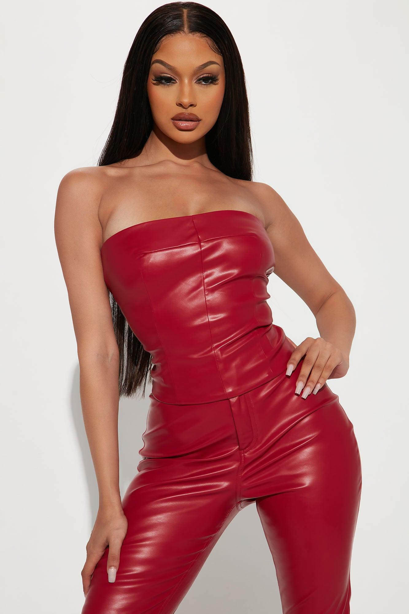 Turning Heads Faux Leather Pant Set - Red Product Image