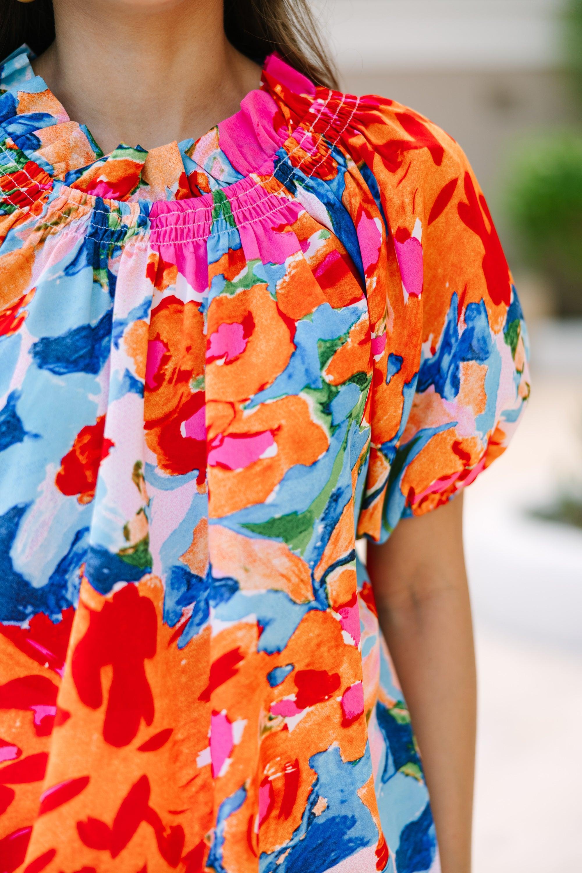 Feeling Fun Coral Floral Bubble Sleeve Blouse Female Product Image