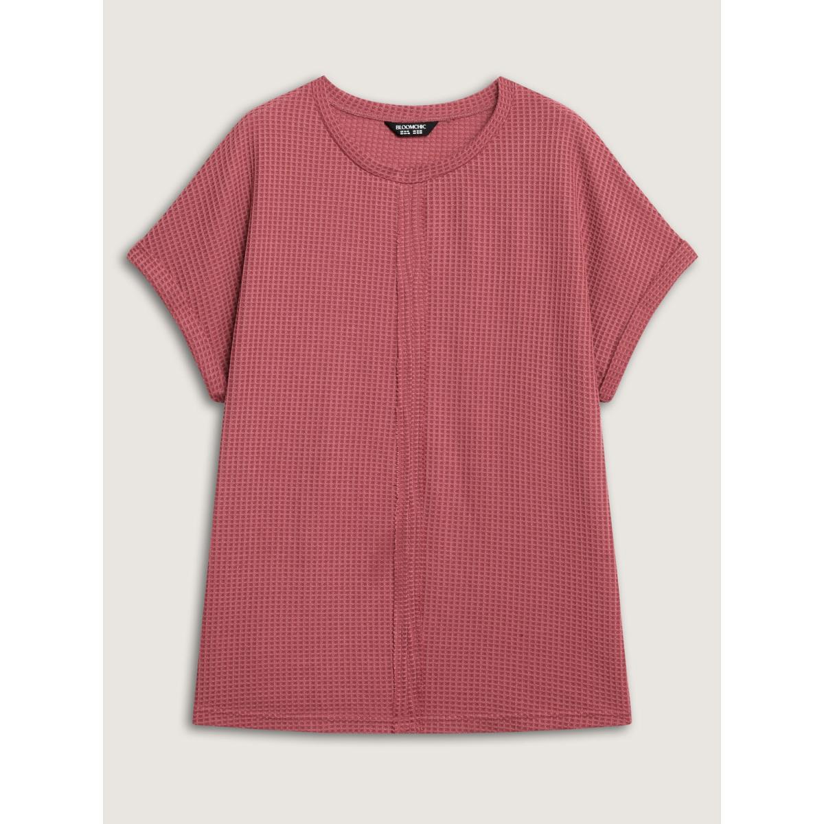 Plus Size Waffle Seamed Front Solid T-Shirt Rust Women Round Neck Everyday-Casual T-shirts BloomChic 28/5X Product Image
