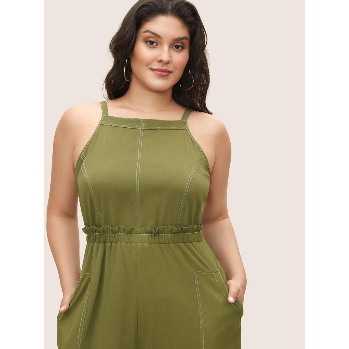 Plus Size ArmyGreen Plain Tucked Seam Frill Trim Jumpsuit Women Casual Sleeveless Non Everyday Loose Jumpsuits BloomChic 10/M Product Image