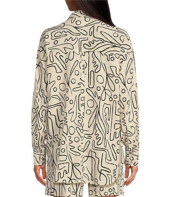 Every Linen Doodle Print Linen Blend V-Neck Long Sleeve Button Front Coordinaitng Blouse Product Image