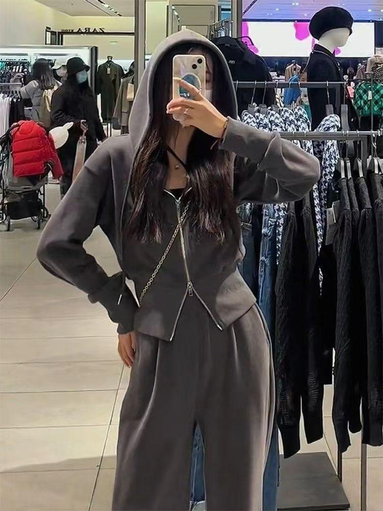 Set: Zip Hoodie + Drawstring Waist Wide Leg Sweatpants Product Image