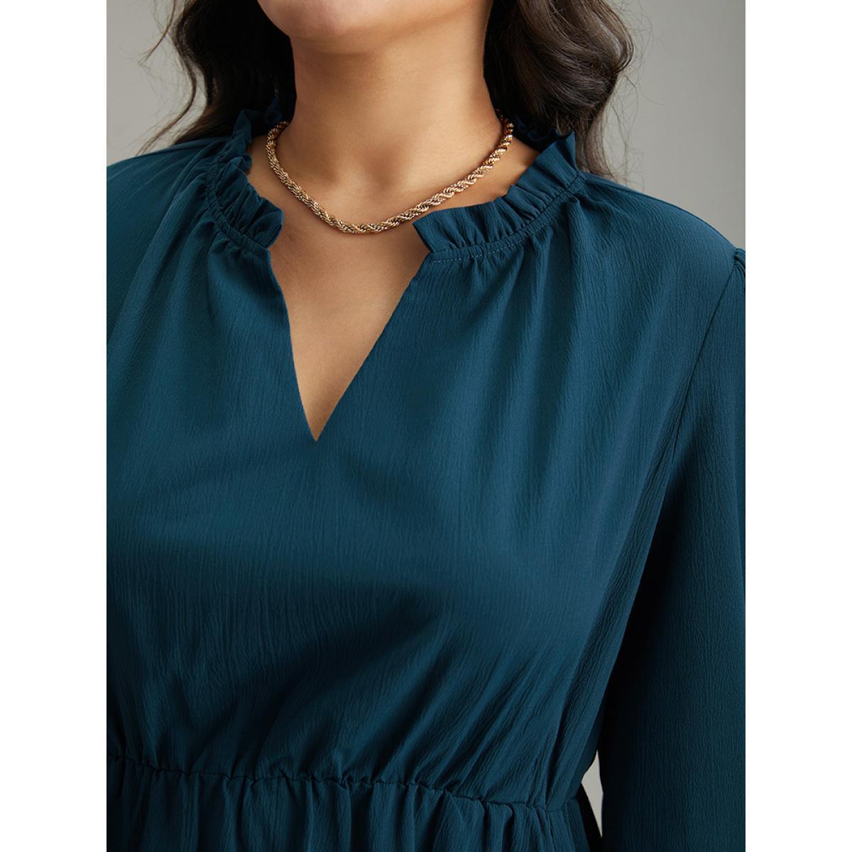 Plus Size Solid Frill Trim Guipure Lace Flutter Sleeve Dress Aegean Women At the Office Plain Notched collar Long Sleeve Curvy Midi Dress BloomChic 22-24/3X Product Image