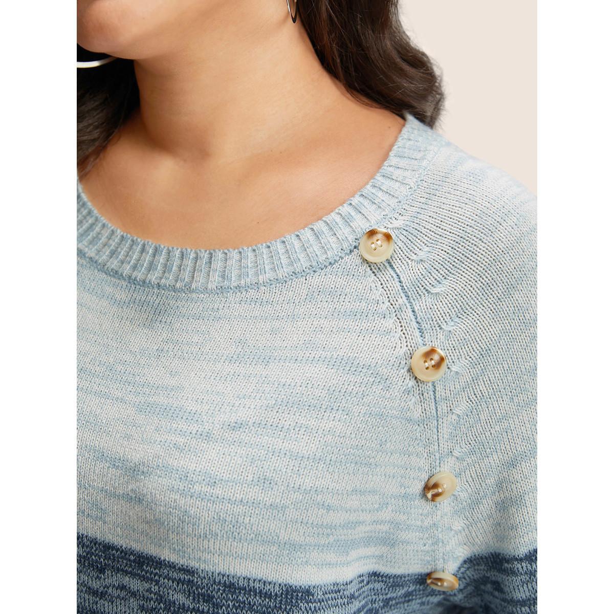 Plus Size Colorblock Contrast Heather Button Detail Pullover Indigo Women Casual Long Sleeve Round Neck Everyday Pullovers BloomChic 12/L Product Image