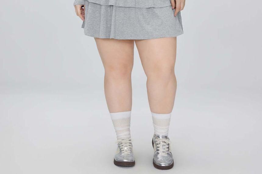 Plus Size Long-Sleeve Scoop Neck Henley Melange Tiered Mini A-Line Dress Product Image