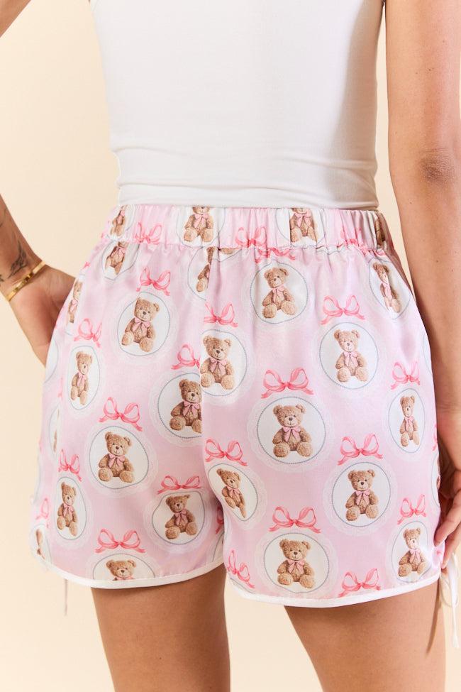 Snuggled Up Teddy Bear Printed Contrast Tie Detail Satin Pajama Shorts Product Image