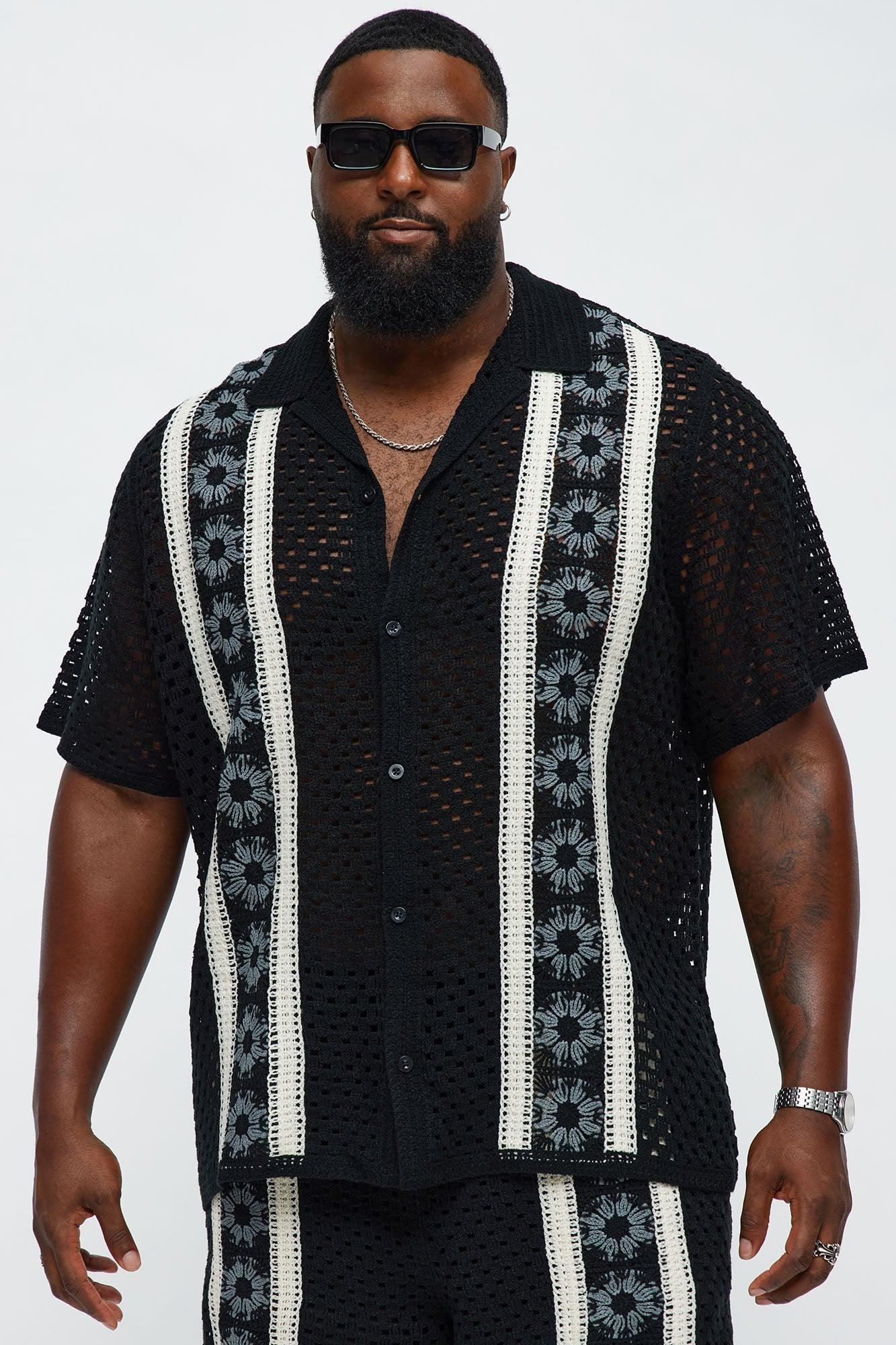 Crochet Panel Cuban Collar Button Up Shirt - Black/combo Product Image