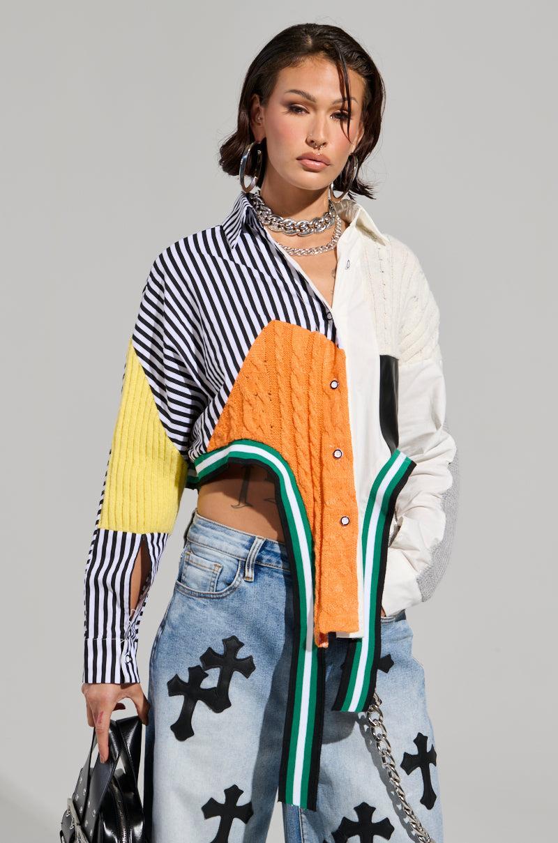NEVER SEE YOU AGAIN BUTTON DOWN COLOR BLOCK SHIRT Product Image