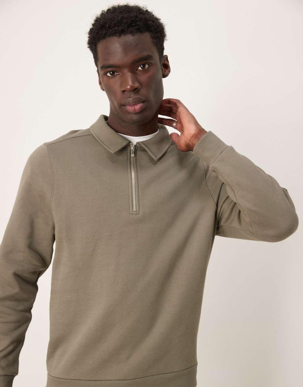 ASOS DESIGN quarter zip collar sweatshirt in khaki Product Image