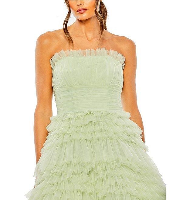 Mac Duggal Strapless Tiered Ruffle Tulle Hi Lo A-Line Gown Product Image