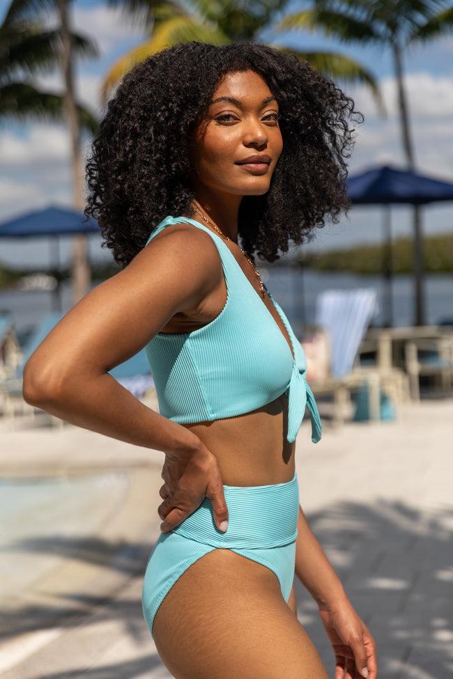 Living The Life Blue Front Tie Ribbed Bikini Top FINAL SALE Product Image