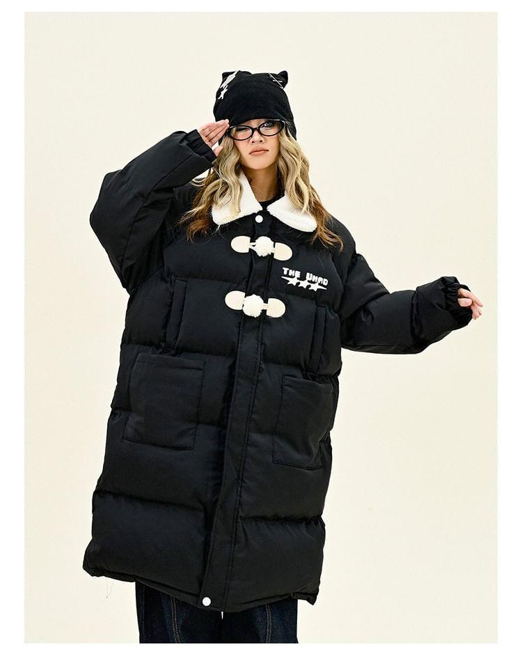 Collared Two Tone Lettering Long Puffer Coat Product Image