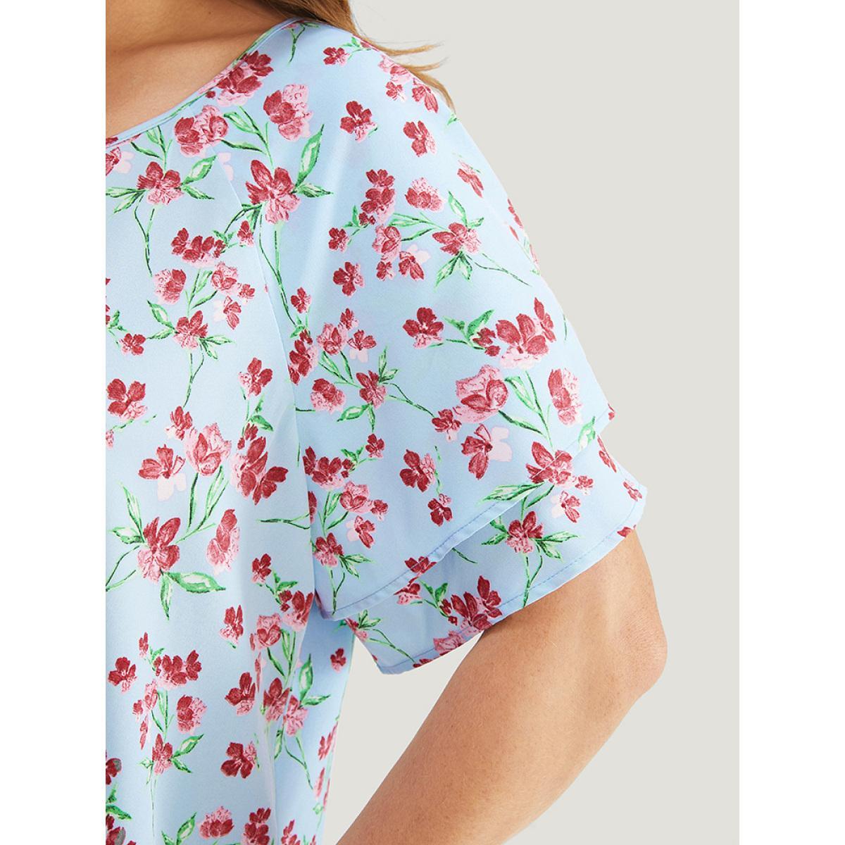 Plus Size LightBlue Ditsy Floral Keyhole Knot Neck Tiered Sleeve Blouse Women Elegant Short sleeve Round Neck Dailywear Blouses BloomChic 22-24/3X Product Image